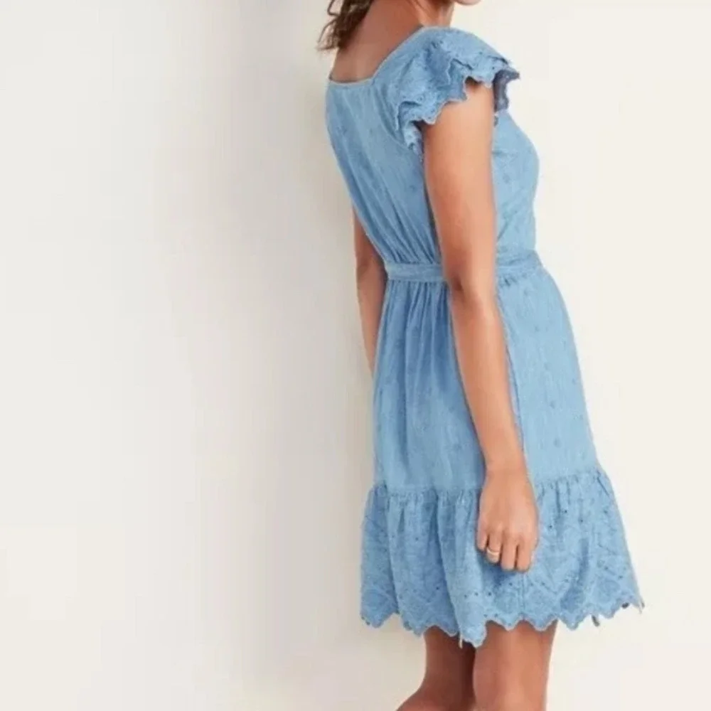 OLD NAVY | Blue Denim Chambray Embroidered Cutwork Eyelet Peasant Mini Dress, L - Picture 2 of 10